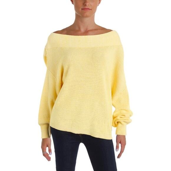 Free People Yellow Alana Linen Heathered Sweater Off Shoulder Sz Small - Picture 7 of 7